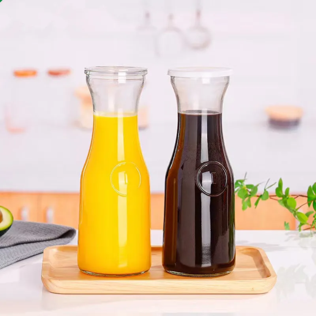 Transparent Aqua Water Pitcher 500ml/1000ml Borosilicate Glass Beverage Bottle with Color Lid Heat Resistant & Stylish.