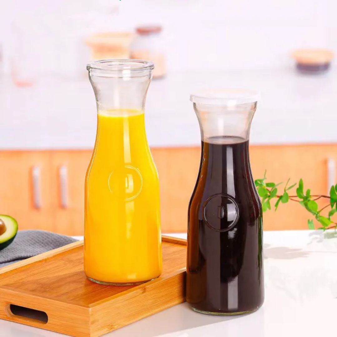 Transparent Aqua Water Pitcher 500ml/1000ml Borosilicate Glass Beverage Bottle with Color Lid Heat Resistant & Stylish.