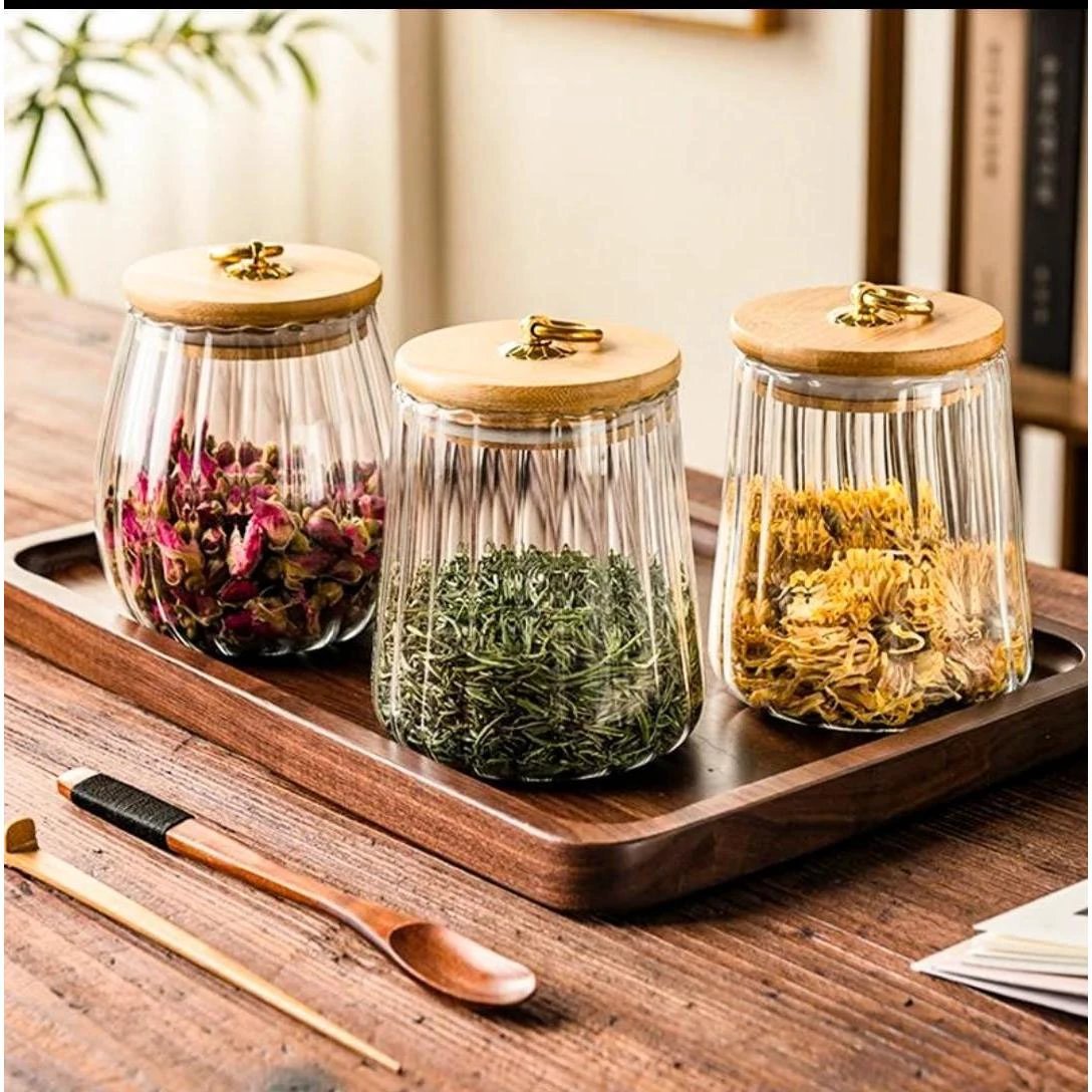 Transparent Glass Storage Containers with Bamboo Lid | 500ml Jars for Candy, Spices, and Tea Bags Storage Containers Food Storage