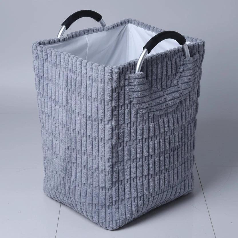 Velvet Corduroy Laundry Basket – White and Grey Bedroom Storage Laundry Baskets