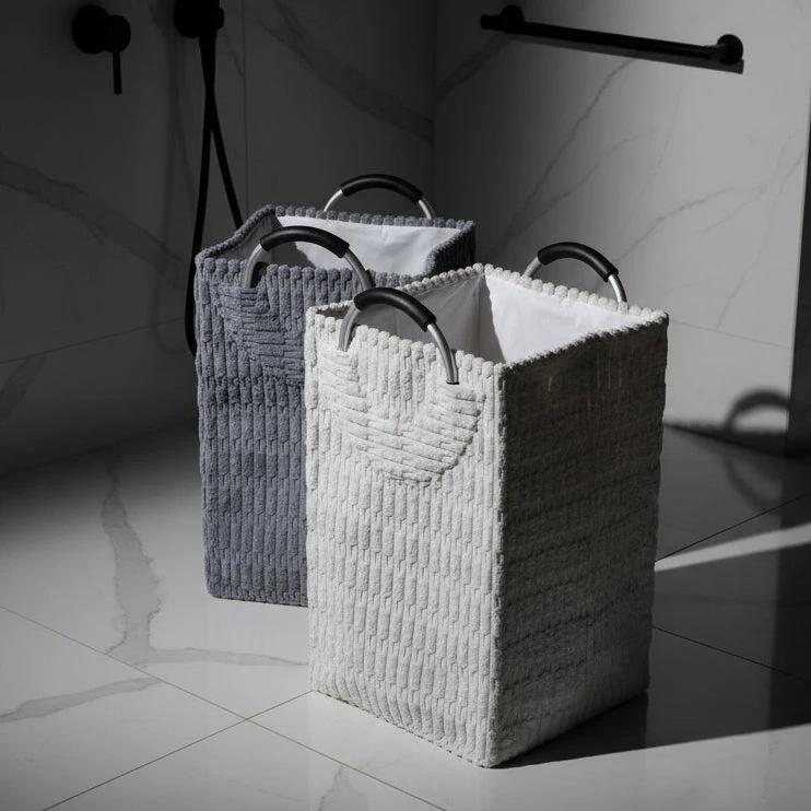 Velvet Corduroy Laundry Basket – White and Grey Bedroom Storage Laundry Baskets