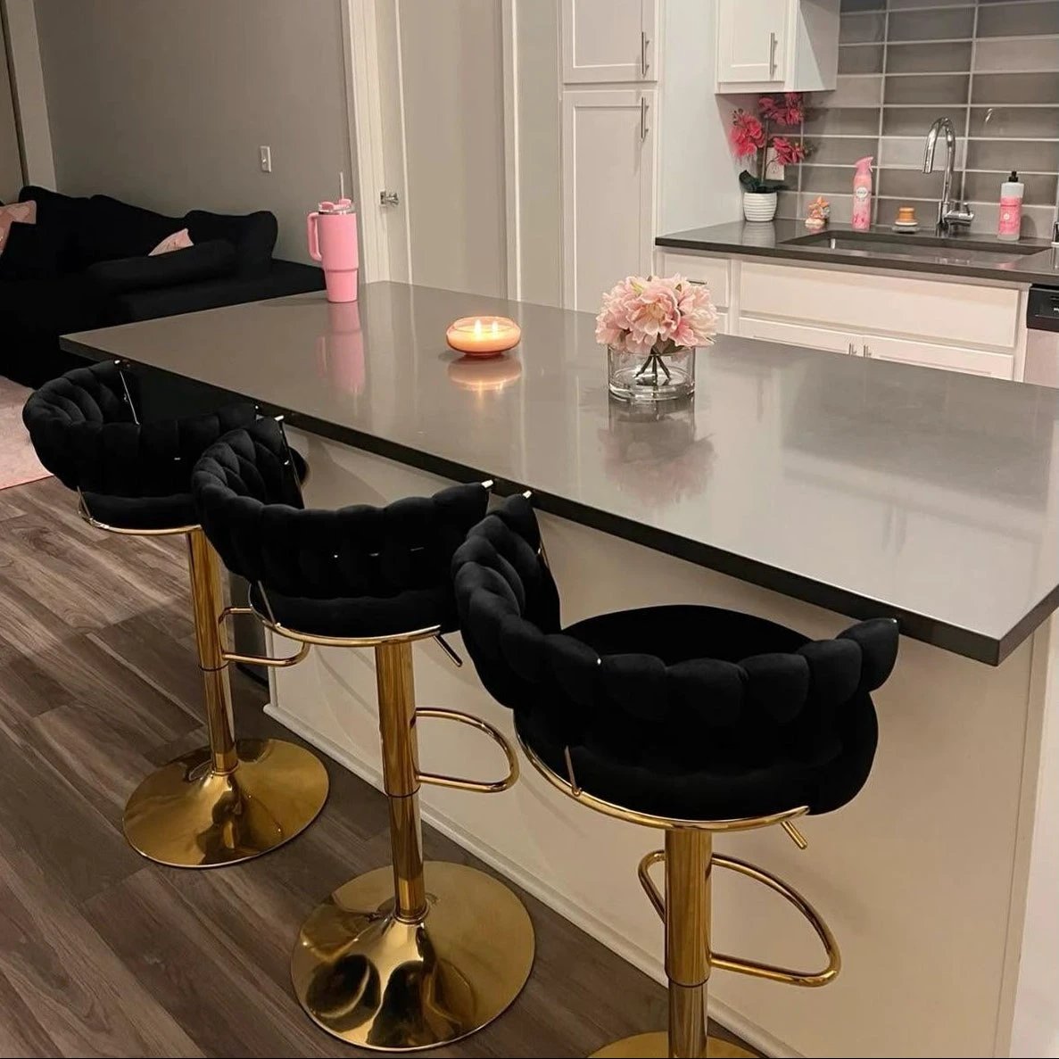 Velvet Swivel Bar Chair with Backrest – Height Adjustable, Gold Legs | Modern Bar Stool Bar Stool Adjustable Bar Stools