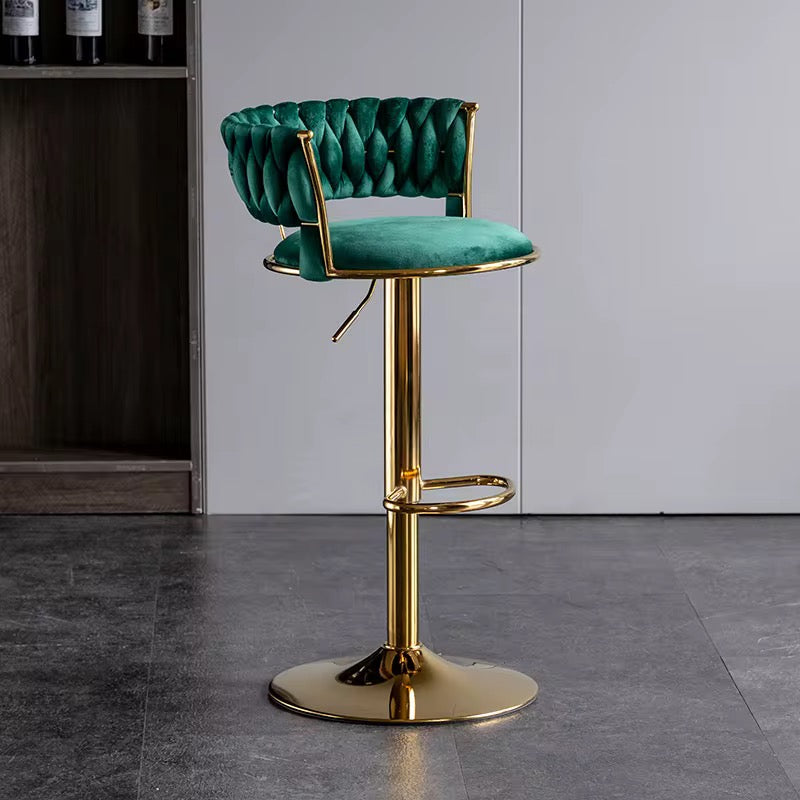 Velvet Swivel Bar Chair with Backrest – Height Adjustable, Gold Legs | Modern Bar Stool