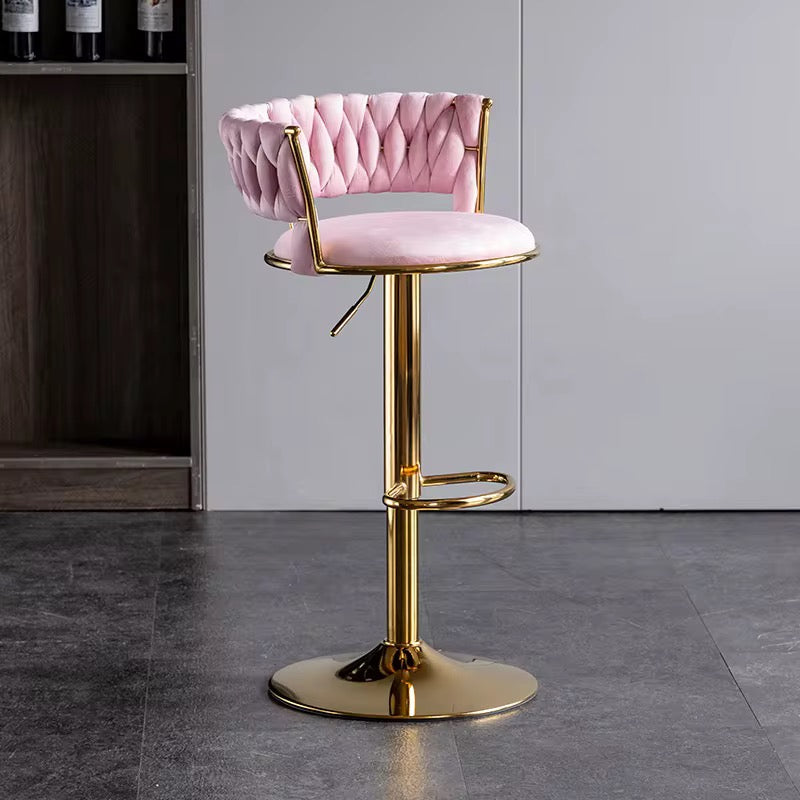 Velvet Swivel Bar Chair with Backrest – Height Adjustable, Gold Legs | Modern Bar Stool
