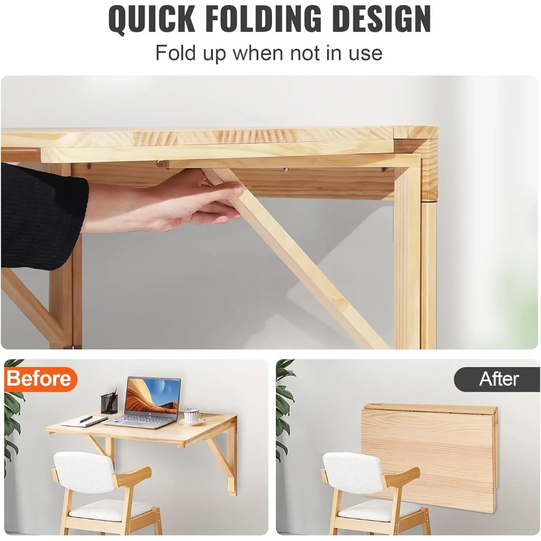Wall Mounted Foldable Bamboo Wooden Table Space Saving Desk 60x40cm Furniture