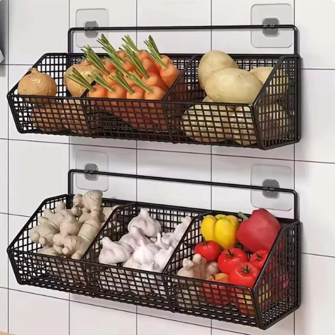 Wall-Mounted Mesh Basket Sturdy Kitchen Storage for Vegetables and Pantry Items.