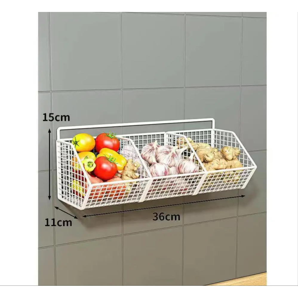 Wall-Mounted Mesh Basket Sturdy Kitchen Storage for Vegetables and Pantry Items.