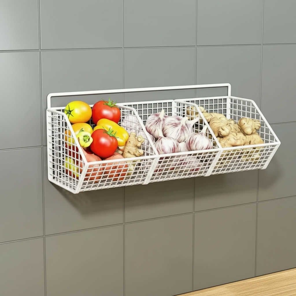 Wall-Mounted Mesh Basket Sturdy Kitchen Storage for Vegetables and Pantry Items.