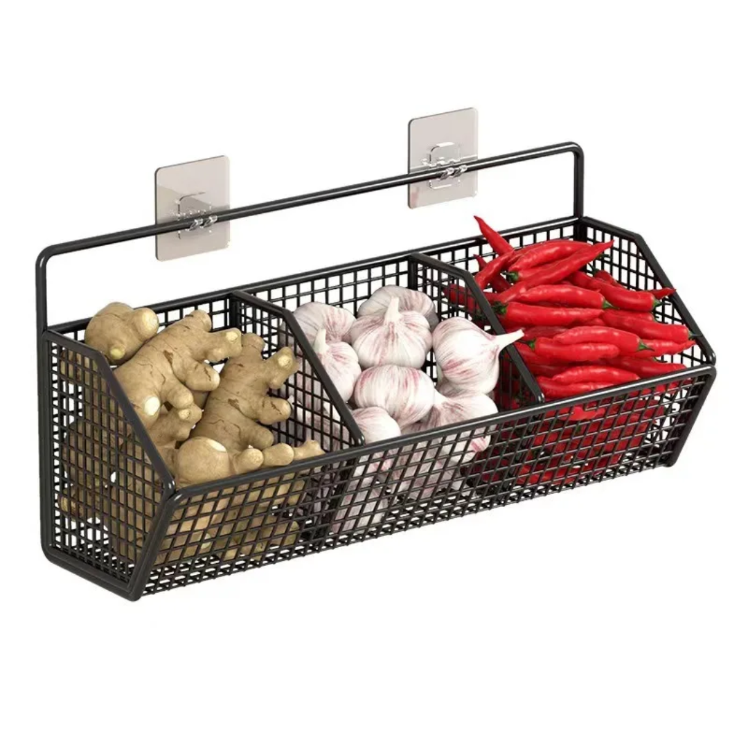 Wall-Mounted Mesh Basket Sturdy Kitchen Storage for Vegetables and Pantry Items.