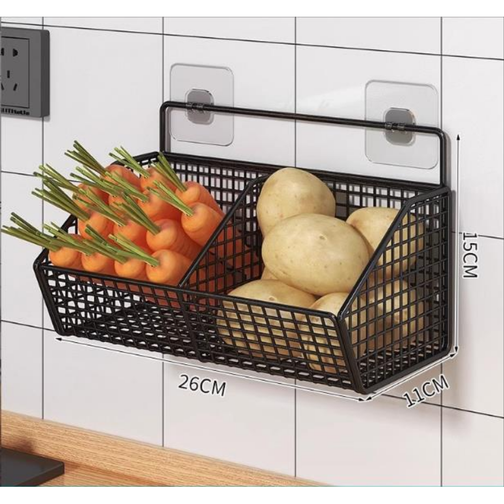 Wall-Mounted Metal Kitchen Storage Basket for Spices, Garlic, and Vegetables