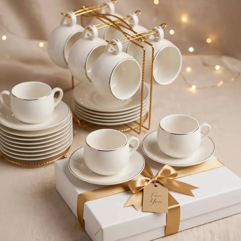 Fine Bone China Tea Set 12pc with Gold Stand Kitchen & Dining Tea Sets