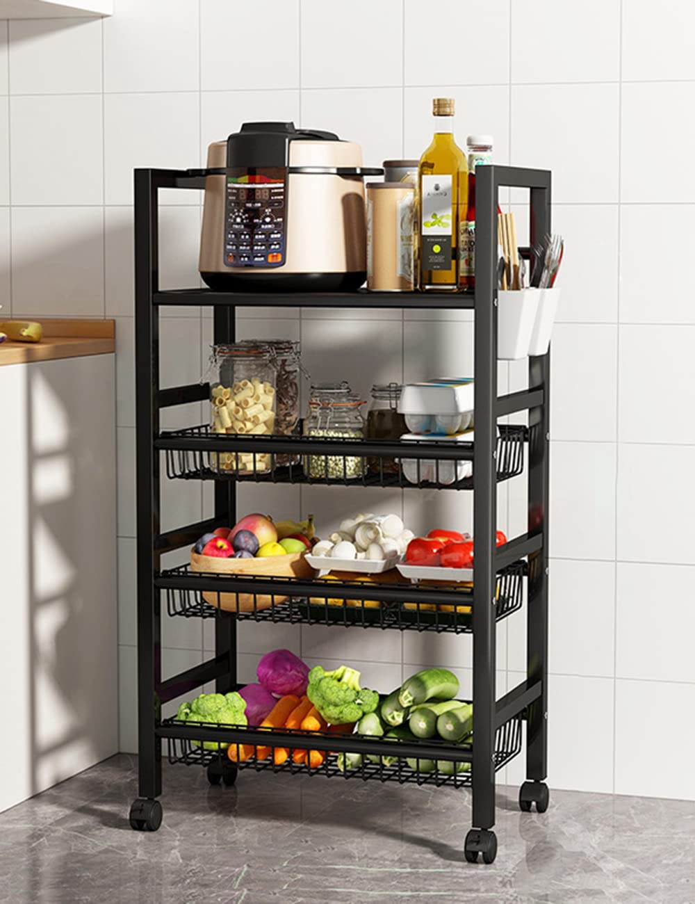 Multi-Layer Metallic Kitchen Storage Rack – Rolling Multi-Purpose Organizer with Lockable Wheels