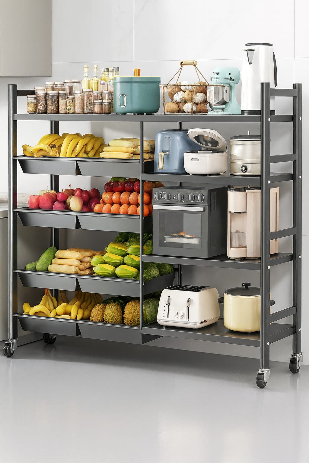 Multifunctional Strong Metallic Kitchen Rack – 8 Removable Baskets with Lockable Wheels