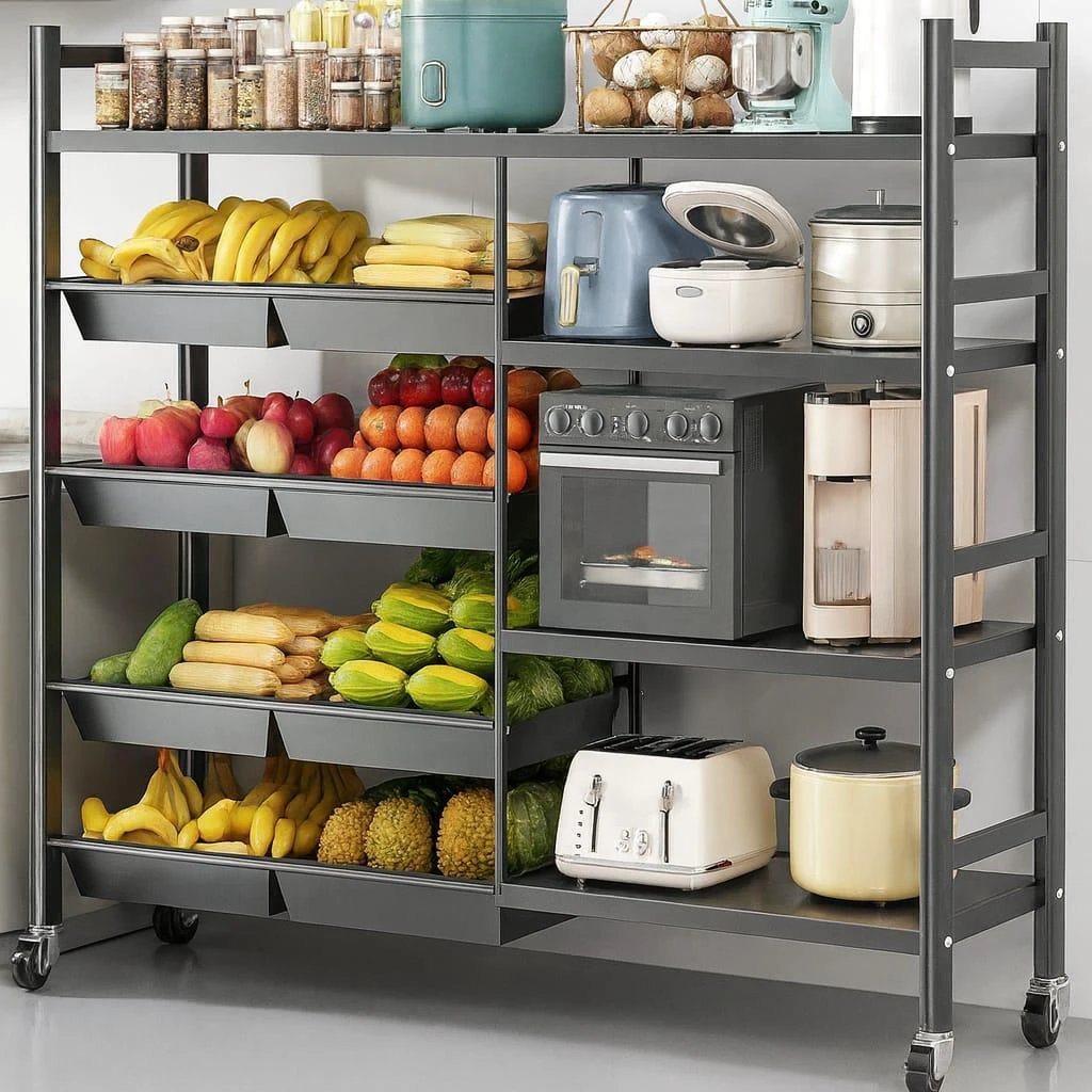 Multifunctional Strong Metallic Kitchen Rack – 8 Removable Baskets with Lockable Wheels