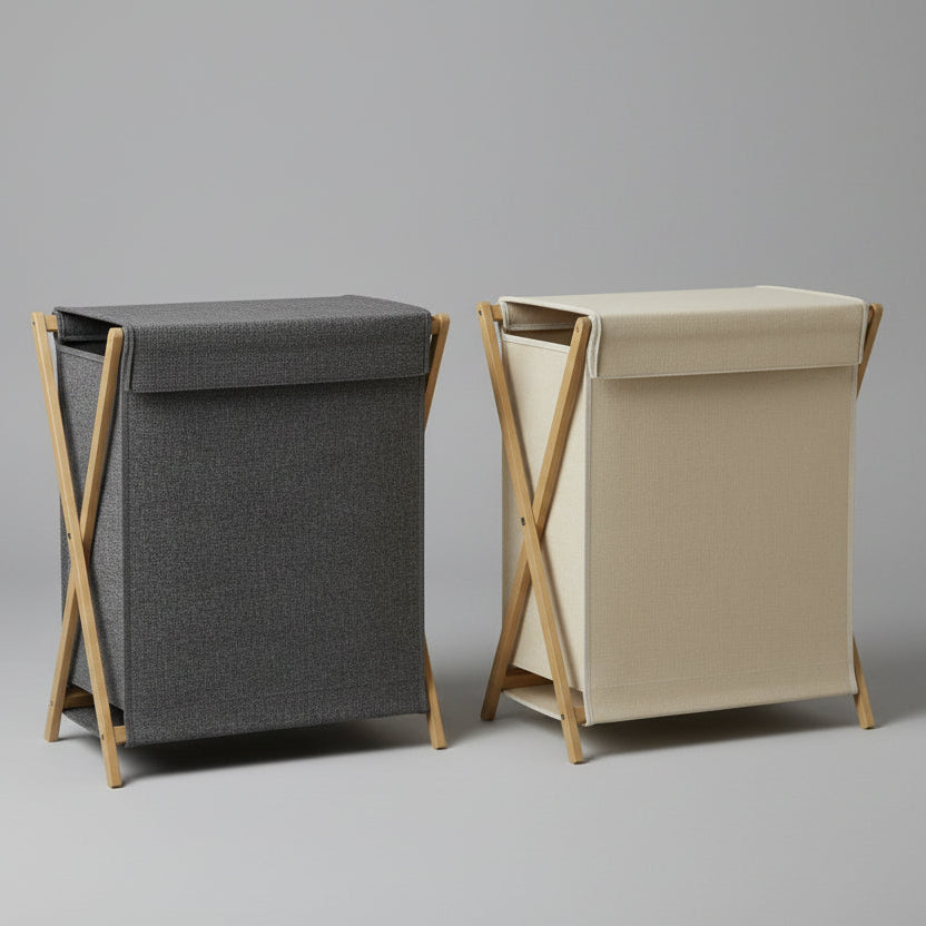 Foldable Laundry Hamper with Cover Lid - Large Capacity with Bamboo Stand