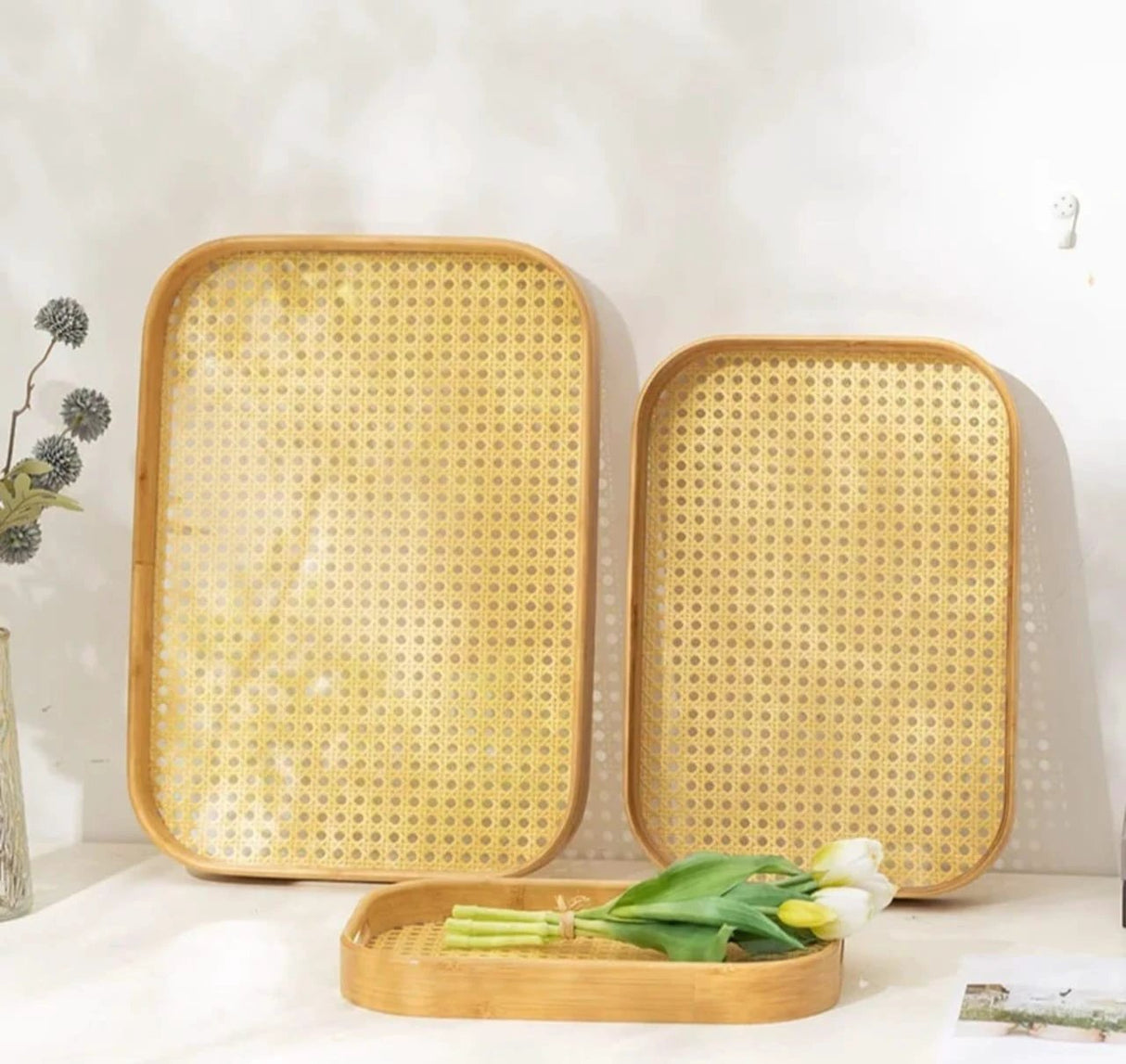 Bamboo Serving Trays 3 Piece Set - Multi-Functional Wooden Trays Grid Bottom Home Decor Kitchenware Serving Trays