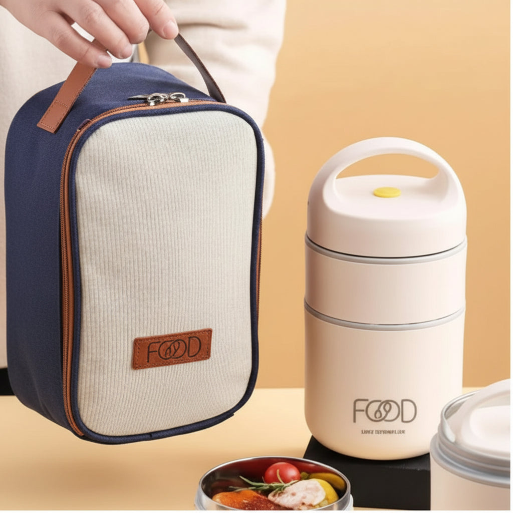 Insulated Lunch Box Set with Carry Bag and Foldable Spoon Blue Beige Kitchen & Dining Lunch Box Sets