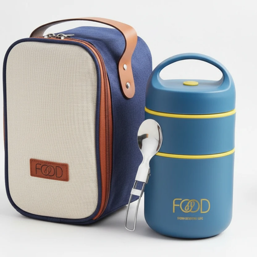 Premium Insulated Lunch Box Set With Carry Bag And Foldable Spoon Blue Beige Kitchen & Dining Lunch Box Sets