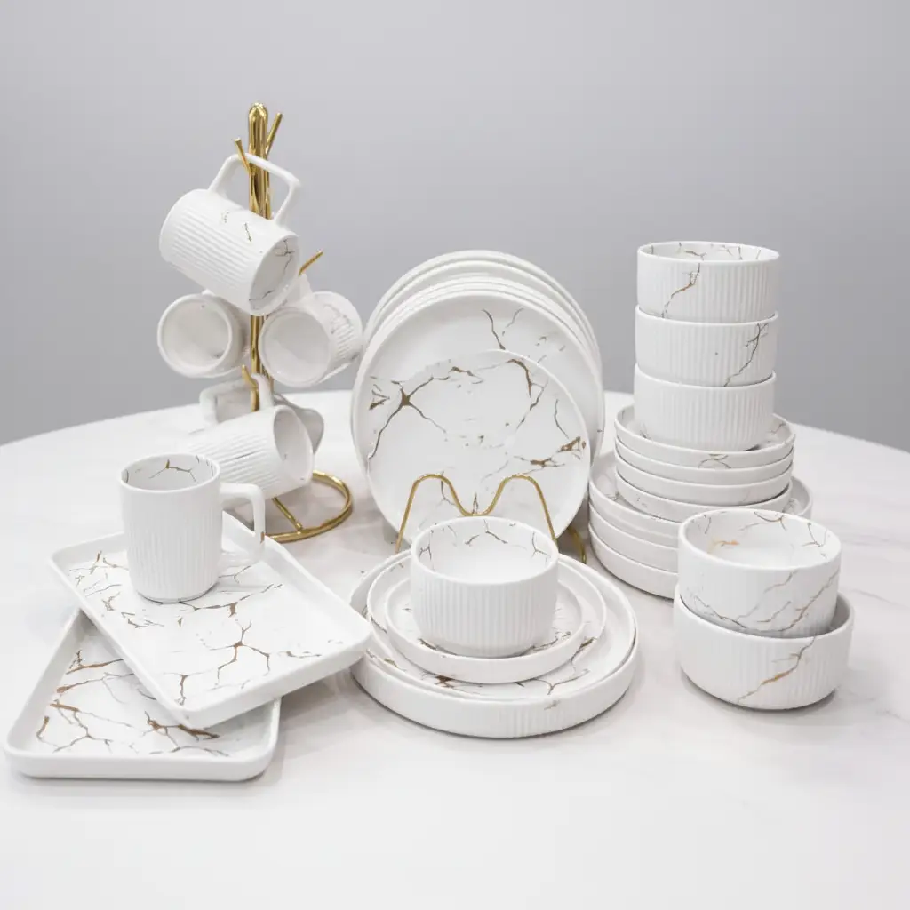 32-Piece Matte Stoneware Marble Dinner Set Dinnerware & Table Setting Dinnerware Sets