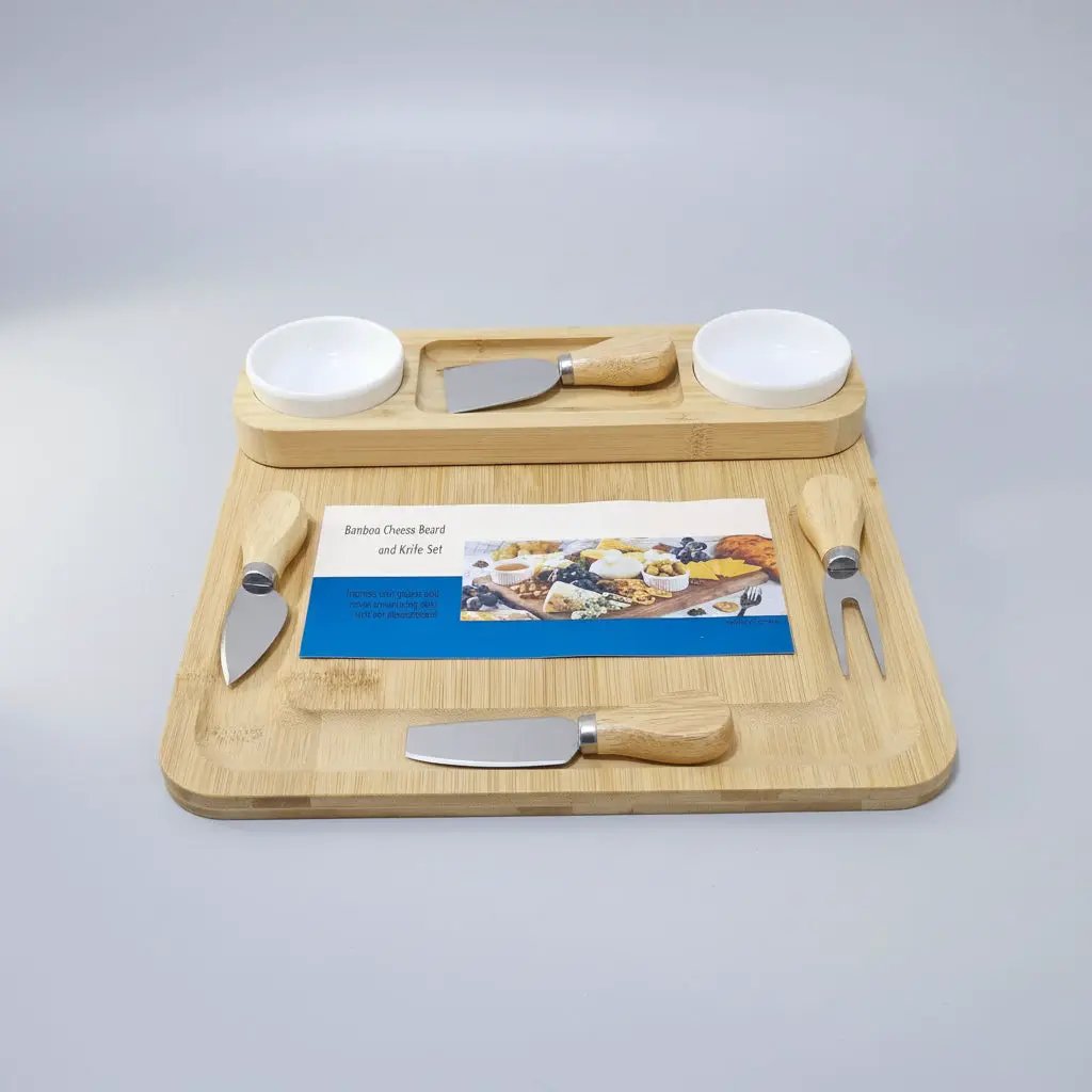 Bamboo Cheese Board & Cutlery Set with 2 Ceramic Dips Kitchen & Dining Cutting Boards