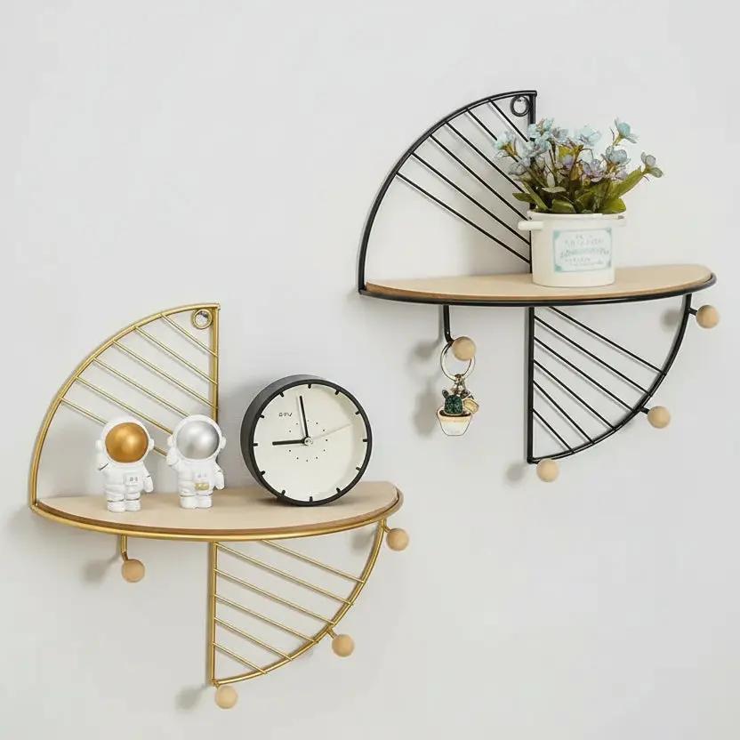 Nordic Geometric Wood & Metal Floating Wall Shelf Home Decor Floating Wall Shelves & Ledges