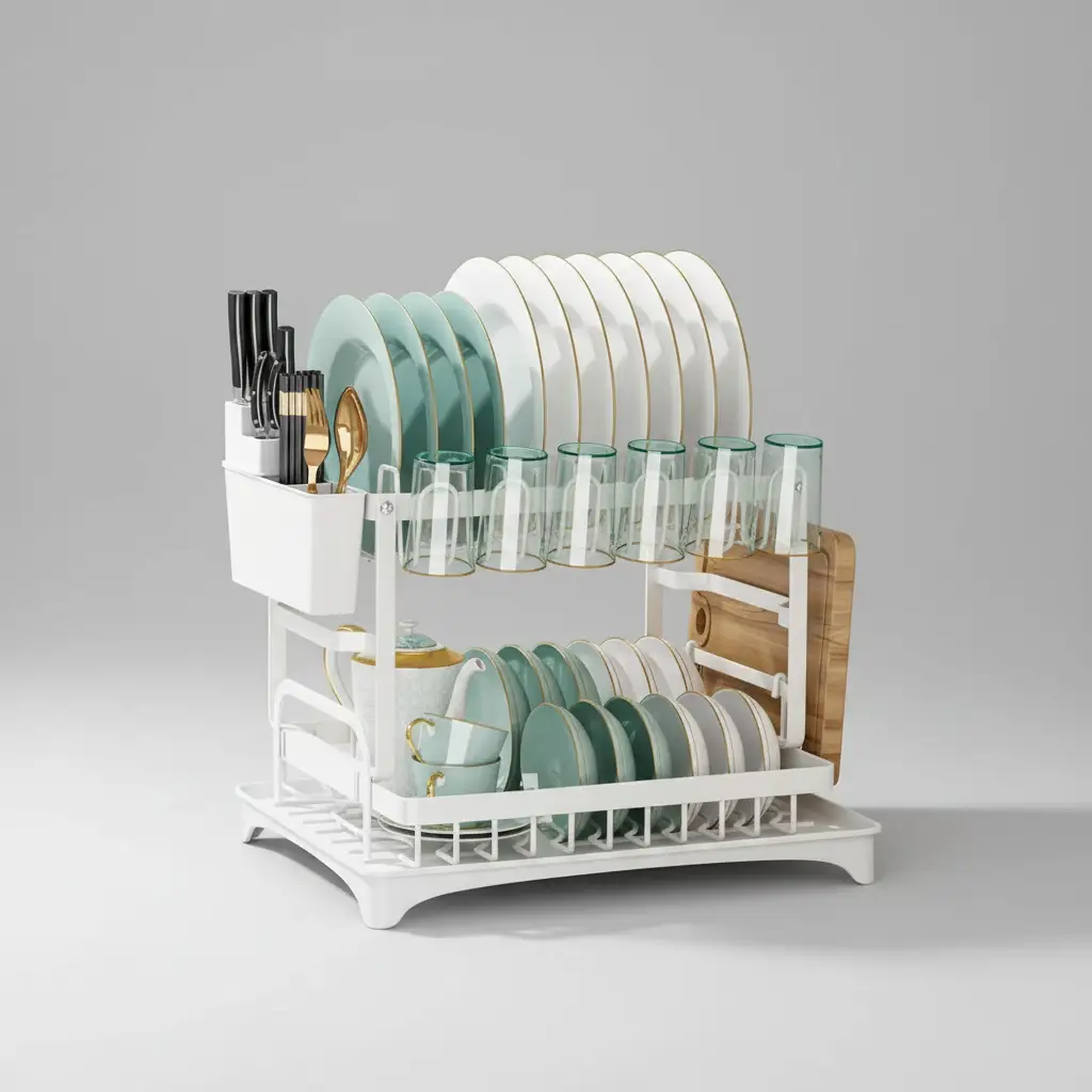2-Layer Carbon Coated Dish Rack with Swivel Spout Kitchen & Storage Dish Racks