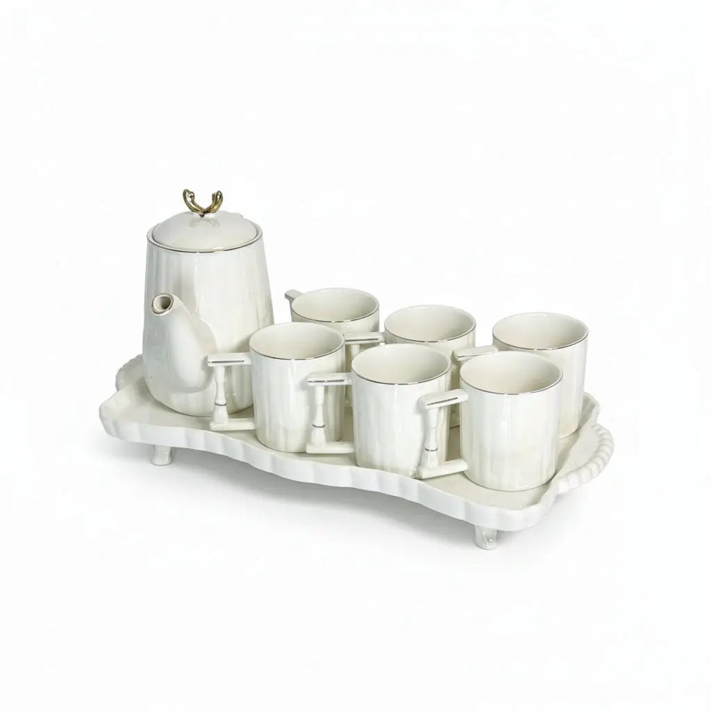 White Ribbed Tea Set 7pc with Ceramic Tray Kitchen & Dining Tea Sets