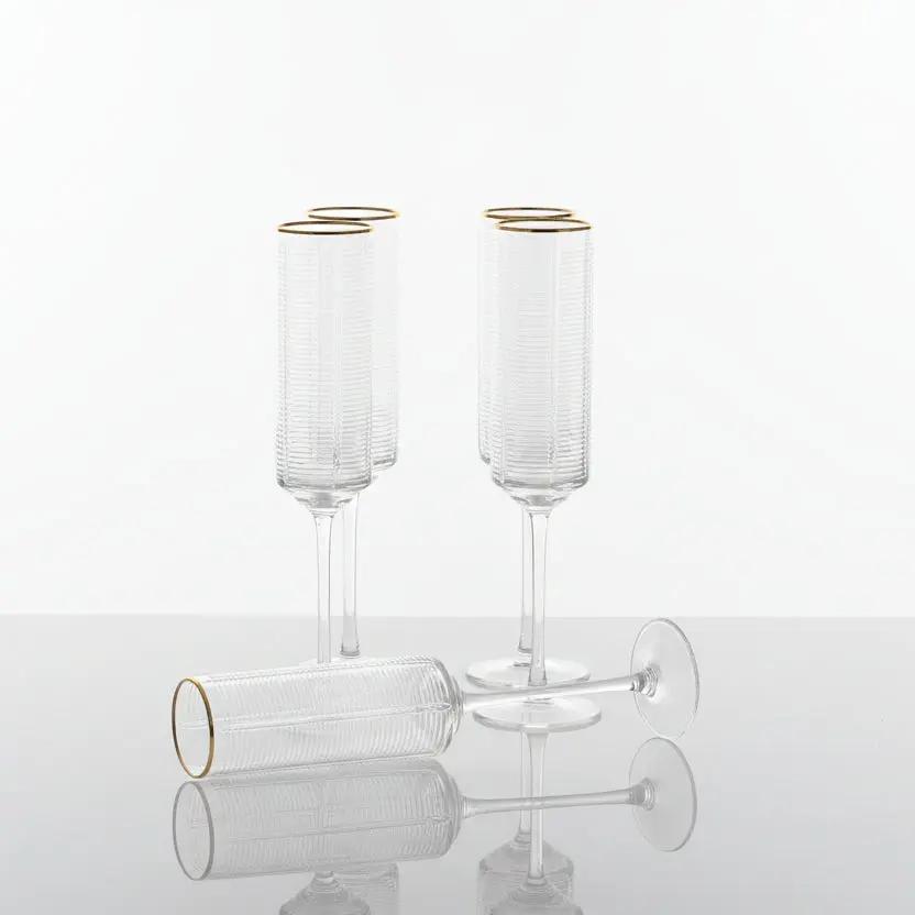 Gold Rim Ribbed Champagne Flutes Kitchenware Champagne Glasses