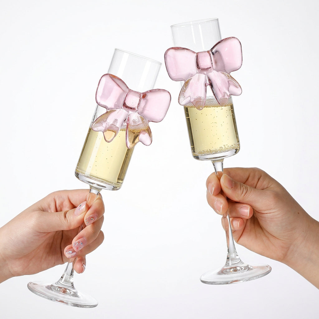Pink Bow Champagne Flutes 180ml Set