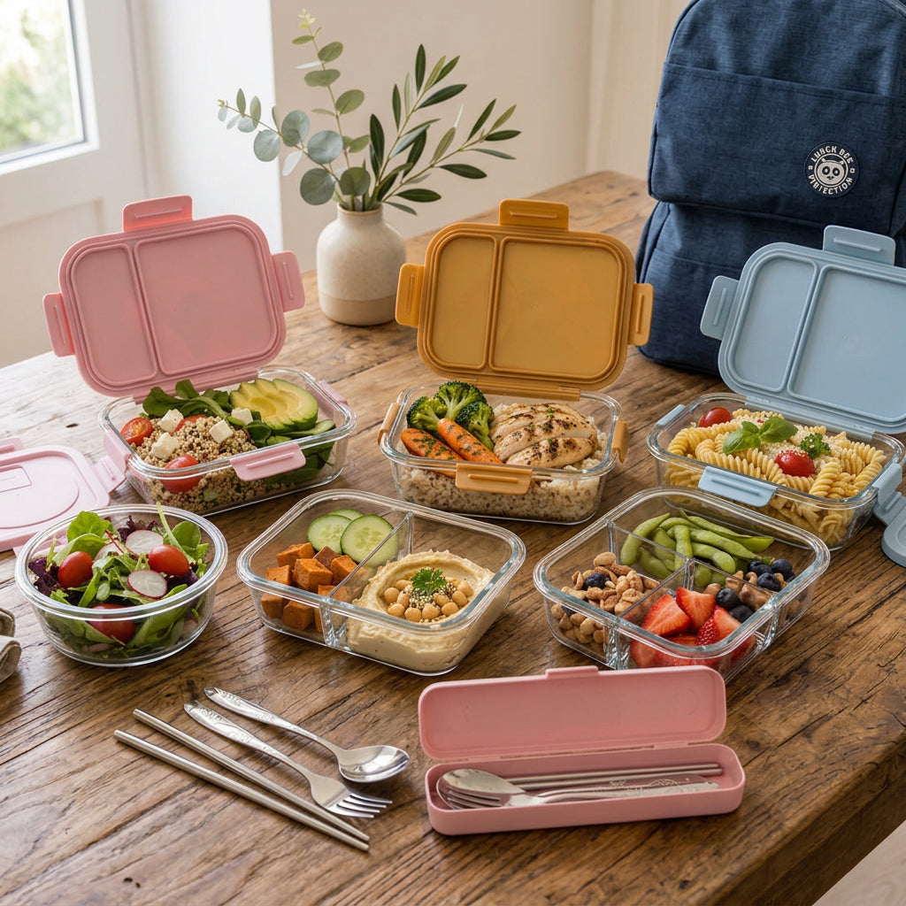 3-in-1 Glass Lunch Box Set with Thermal Bag and Cutlery