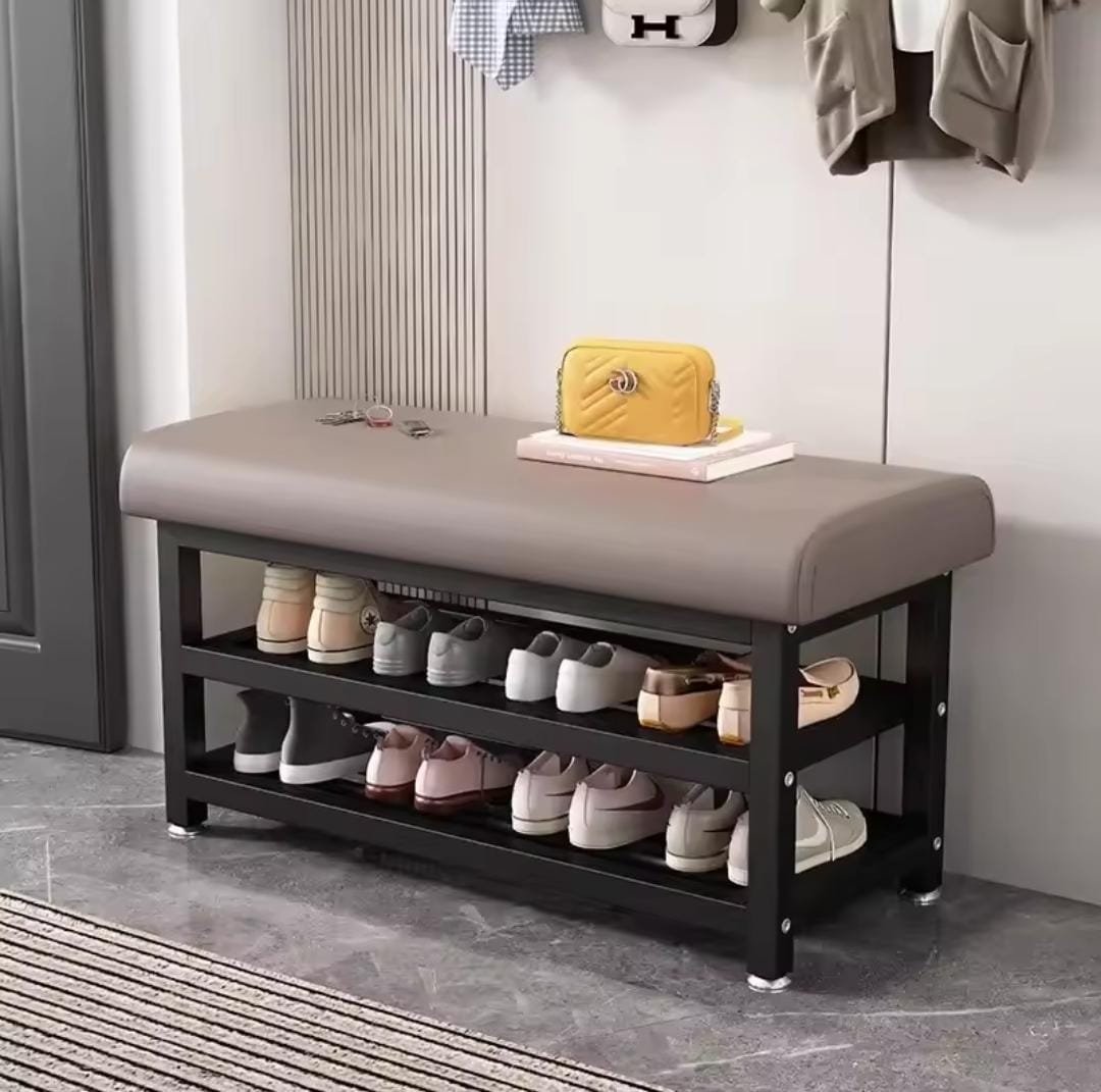Entryway Shoe Rack with Padded Seat – Metallic Frame Storage Bench