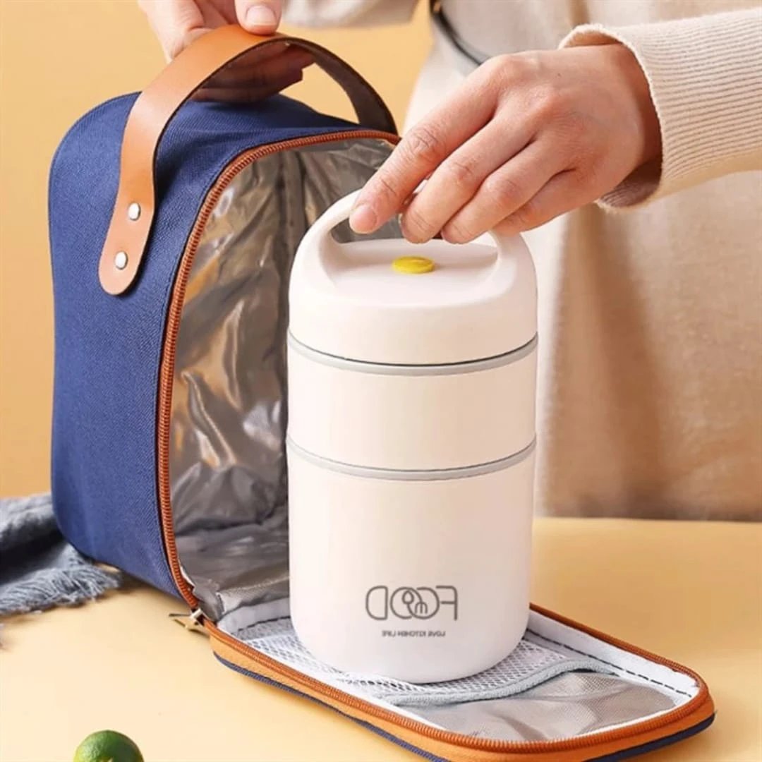 Insulated Lunch Box Set with Carry Bag and Foldable Spoon Blue Beige Kitchen & Dining Lunch Box Sets