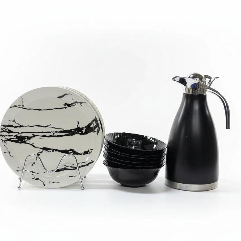 19-Piece Marble Effect Dinner Set with 2L Flask 6 Plates 6 Bowls 6 Mugs Kitchen & Dining Dinnerware Sets