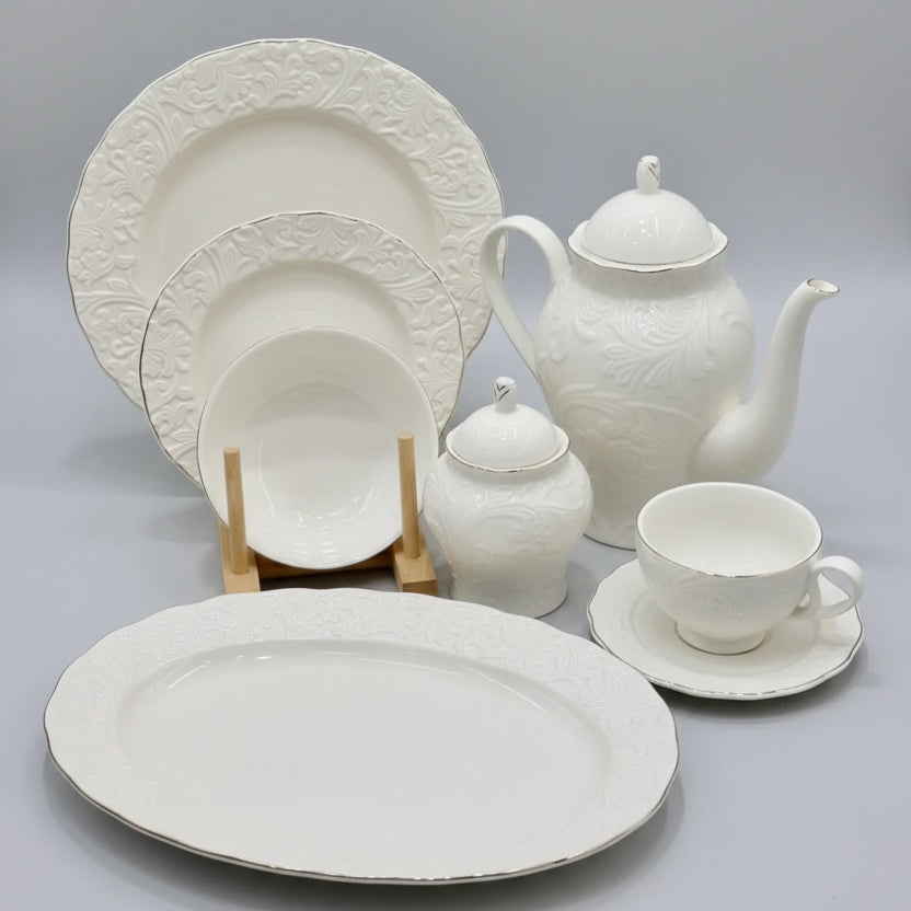 39pcs White Porcelain Embossed Ceramic Dinner Set Dinnerware Dinnerware Sets