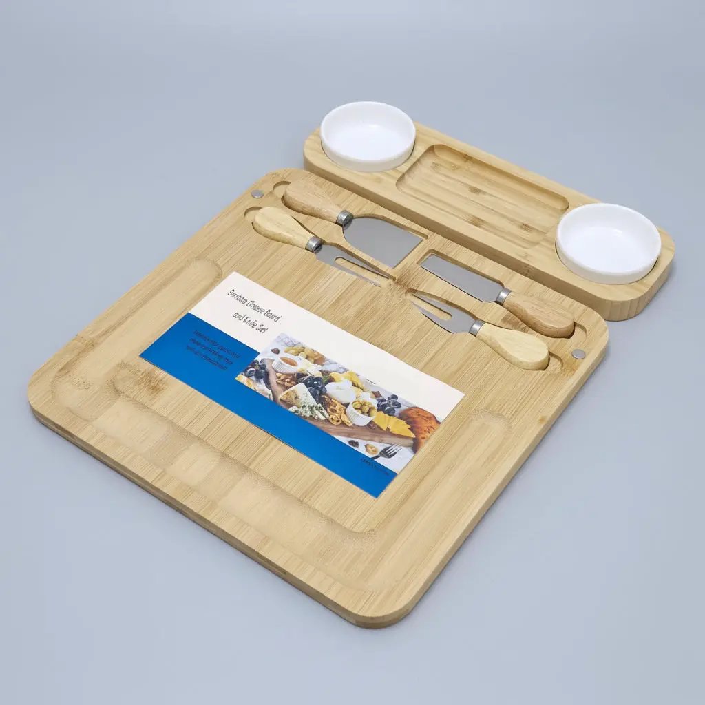 Bamboo Cheese Board & Cutlery Set with 2 Ceramic Dips Kitchen & Dining Cutting Boards