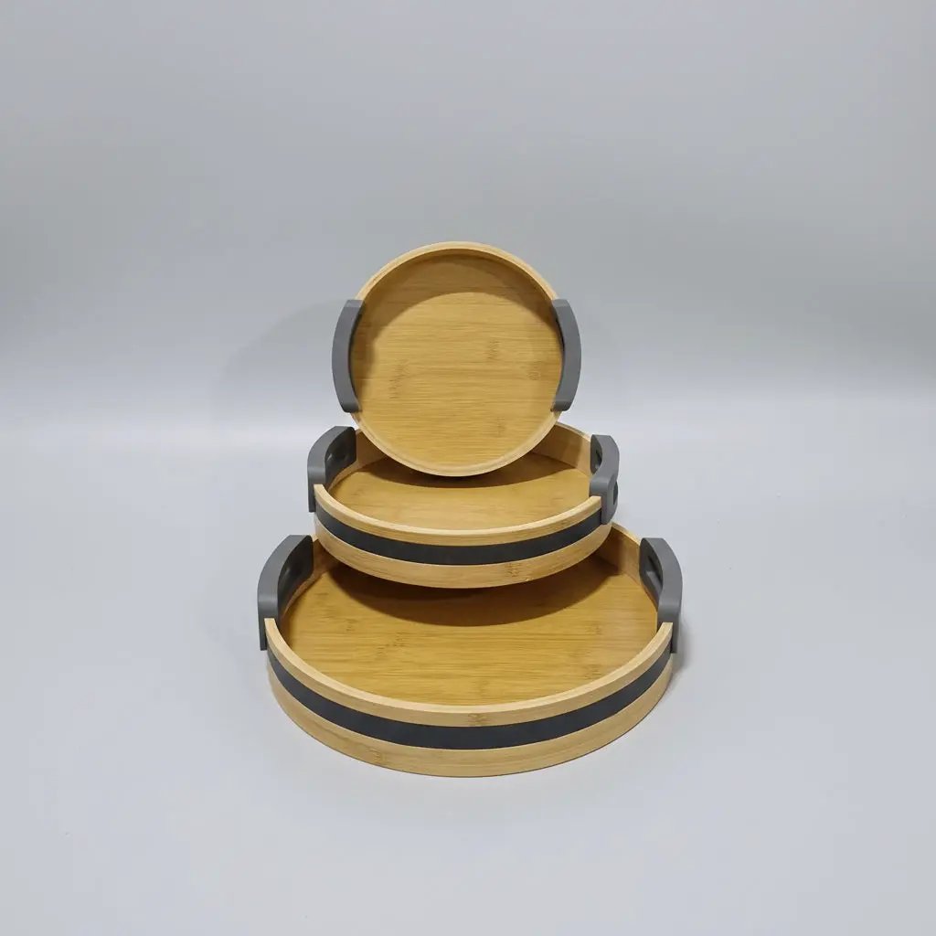 3-Piece Bamboo Nesting Serving Trays with Grey Handles Kitchen & Dining Serving Trays