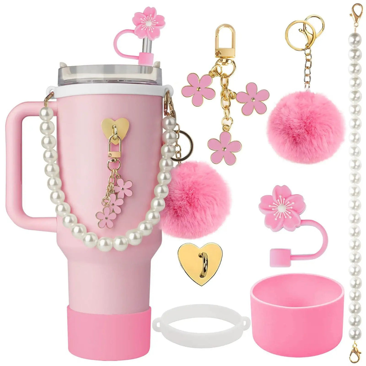 5-Piece Stanley Cup Accessories Set with Pompom & Pearl Kitchen & Dining Drink Sleeves