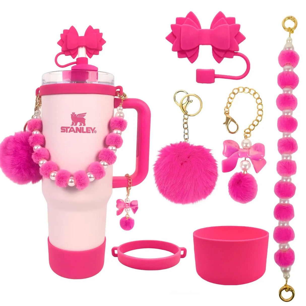 5-Piece Stanley Cup Accessories Set with Pompom & Pearl Kitchen & Dining Drink Sleeves