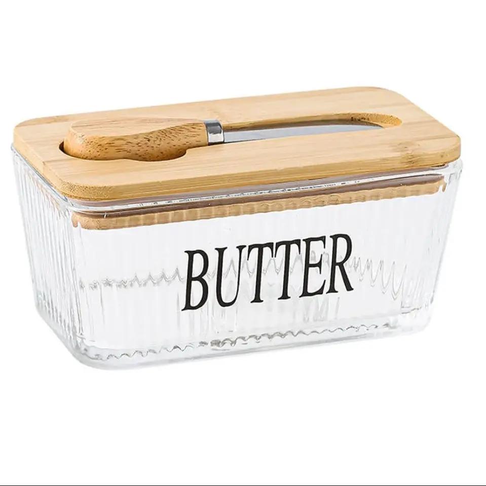 Glass Butter Tin with Bamboo Lid Kitchen Storage Butter Dishes