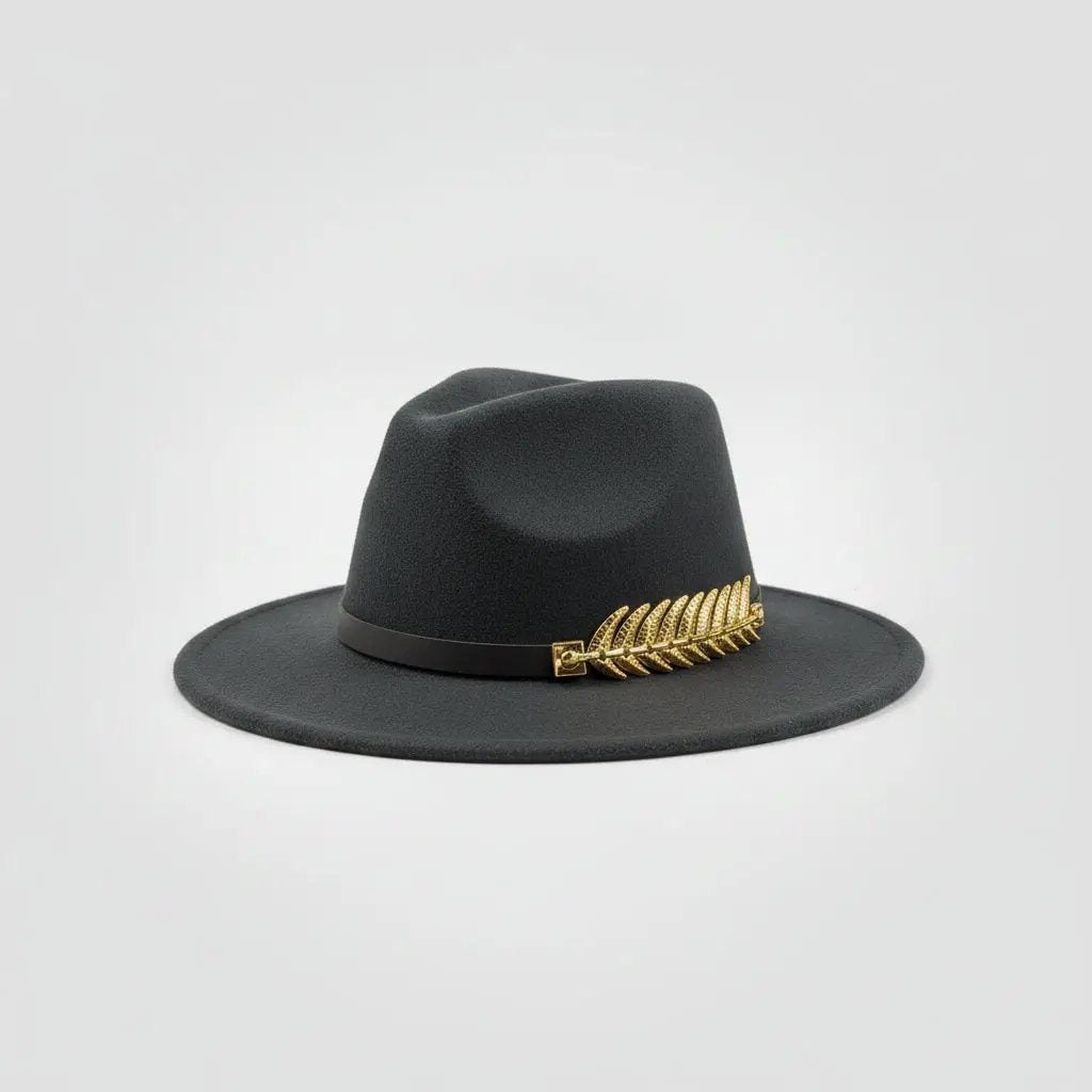 Wide Brim Fedora Hat with Gold Band Fashion Accessories Fedoras
