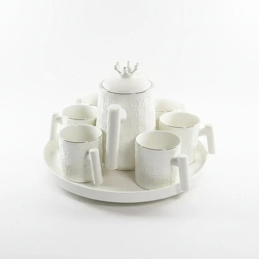 White Ribbed Tea Set 7pc with Ceramic Tray Kitchen & Dining Tea Sets