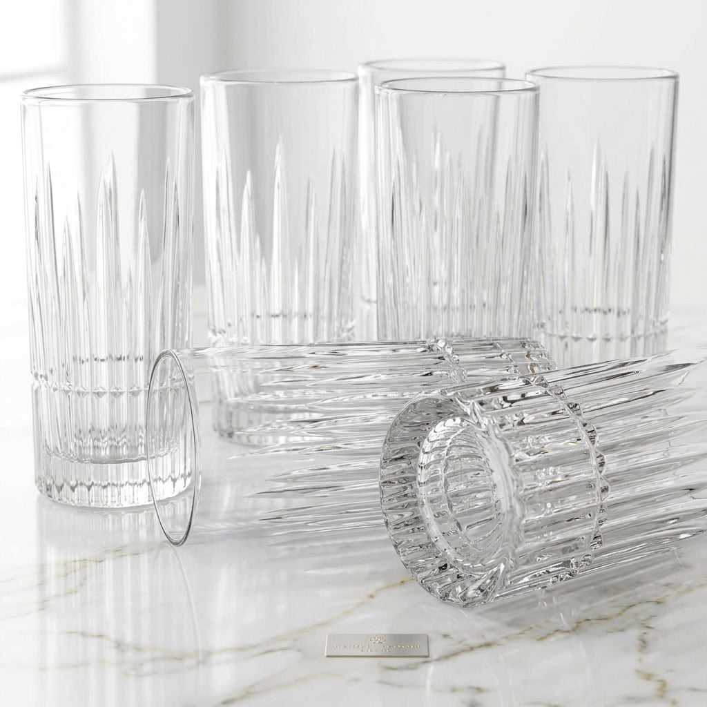 Thick-Bottomed Embossed Glass Drinking Cups, 350ml, Set of 6