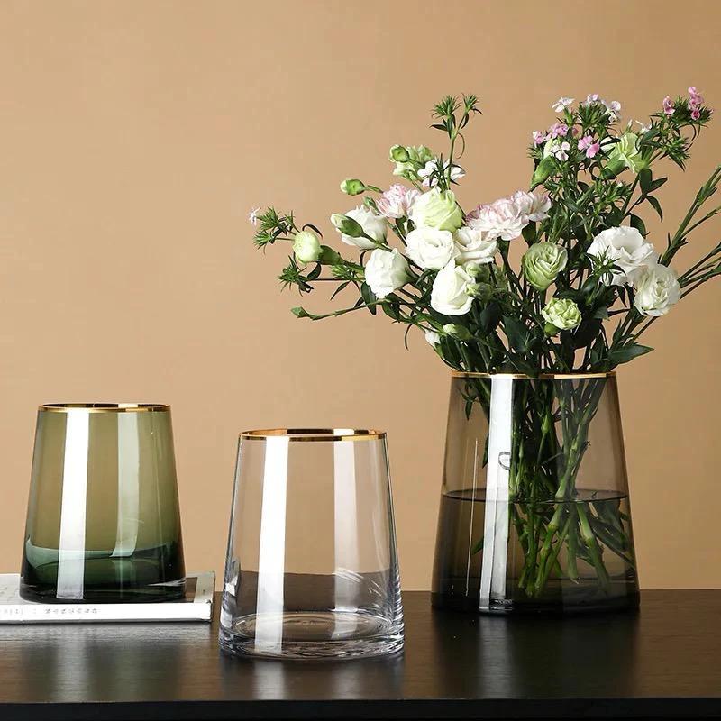 Wide Nordic Green Glass Vase with Gold Accent 28cm Elegant Home Decor Piece Living Rooms, Dining Areas, Bedrooms, Offices Living Room Decor Vases