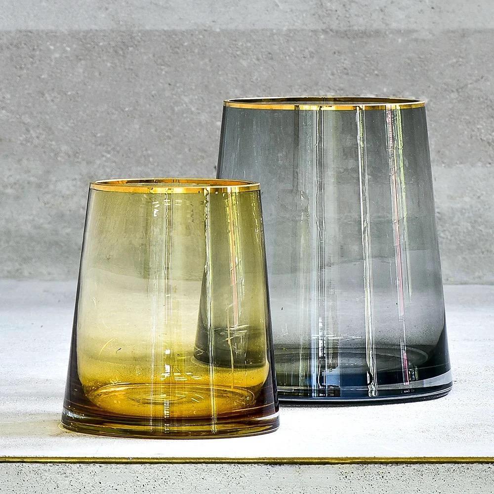 Wide Nordic Green Glass Vase with Gold Accent 28cm Elegant Home Decor Piece Living Rooms, Dining Areas, Bedrooms, Offices Living Room Decor Vases