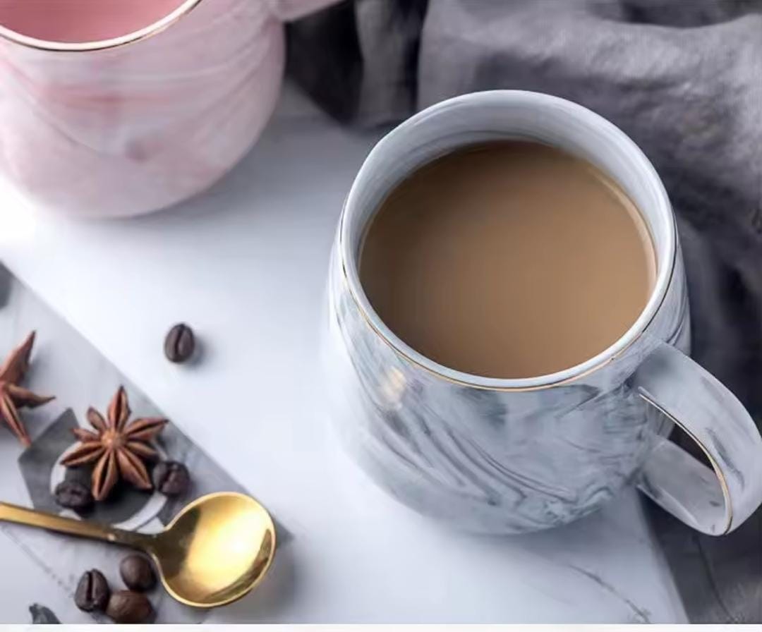 6pcs Marble Effect Ceramic Pearl Cups with Golden Rim – 400ml Elegant Grey Coffee and Tea Mug Set