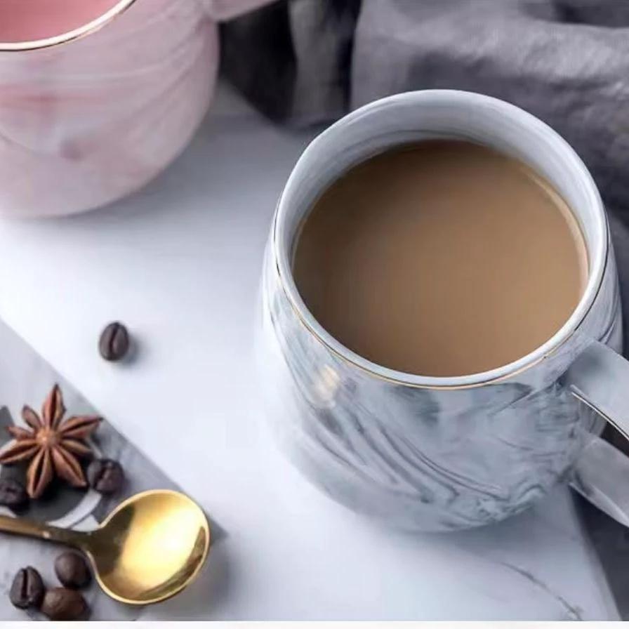 6pcs Marble Effect Ceramic Pearl Cups with Golden Rim – 400ml Elegant Grey Coffee and Tea Mug Set house holds Mugs