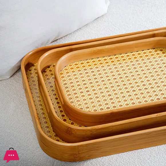 Bamboo Serving Trays 3 Piece Set - Multi-Functional Wooden Trays Grid Bottom Home Decor