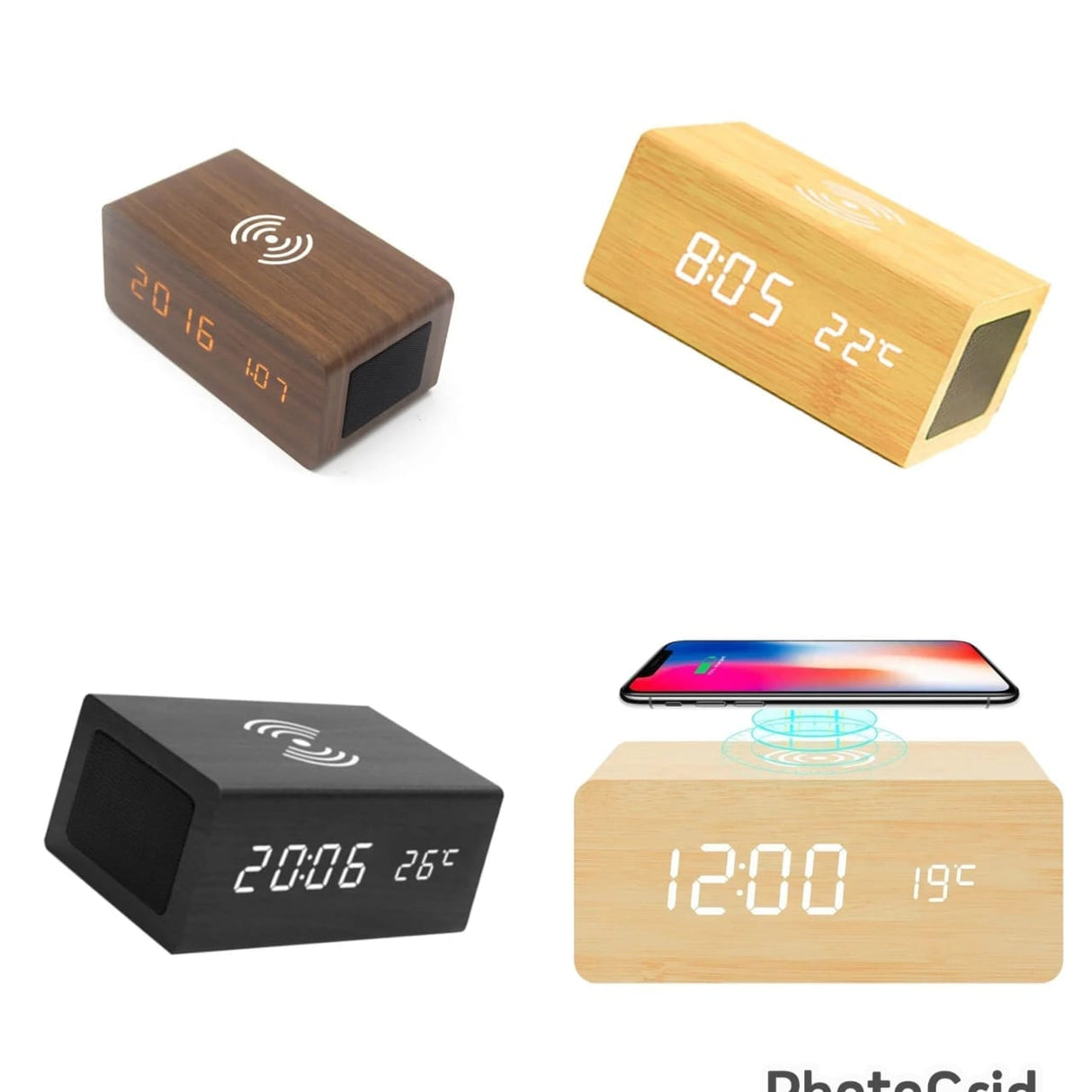 Wireless Charging Bamboo Wooden Digital Alarm Clock with Bluetooth Speaker and Temperature Display