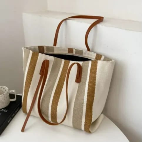 Elena Stripped Tote Bag - Linen Casual Tote