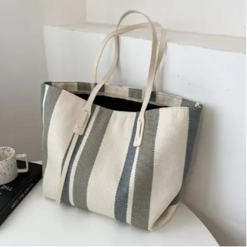 Elena Stripped Tote Bag - Linen Casual Tote